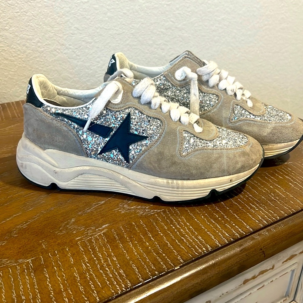 Golden Goose Women's Running Sole in silver glitter and dove gray suede